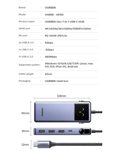 Хаб UGREEN USB-С 7в1 CM888 USB-C+3xUSB-A+HDMI 4K60Hz (45155) Gray, Серый