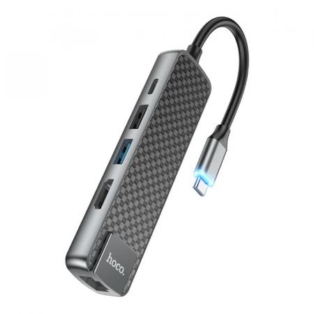 Type-C хаб hoco. для Macbook HDMI+USB3.0+USB2.0+RJ45+PD (HB23) Черный Type-C хаб hoco. для Macbook HDMI+USB3.0+USB2.0+RJ45+PD (HB23) Черный