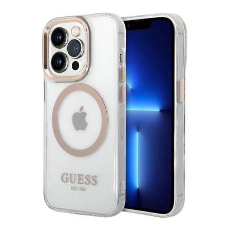Чехол Guess для iPhone 15 Pro с MagSafe PC/TPU Metal outline Hard (GUHMP15LHTRMD) Transparent/Gold Прозрачный Чехол Guess для iPhone 15 Pro с MagSafe PC/TPU Metal outline Hard (GUHMP15LHTRMD) Transparent/Gold Прозрачный