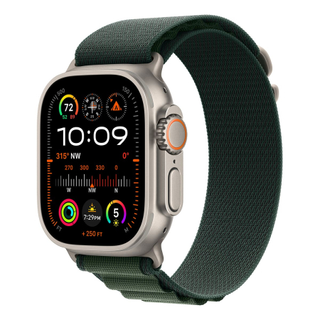 Apple Watch Ultra 2 (2024), 49 мм корпус из титана цвета «Natural», ремешок Alpine Loop размера M цвета «Dark Green» Apple Watch Ultra 2 (2024), 49 мм корпус из титана цвета «Natural», ремешок Alpine Loop размера M цвета «Dark Green»
