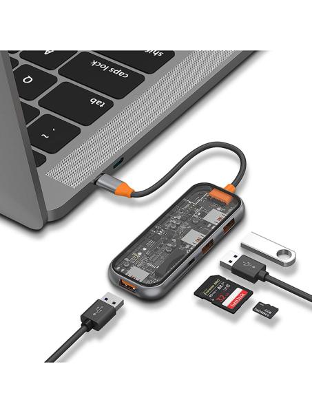 Хаб WiWU Cyber 5в1 USB C Multifunction Cyber Hub 3xUSB3.0 + TF/SD (CB005) Space Gray, серый