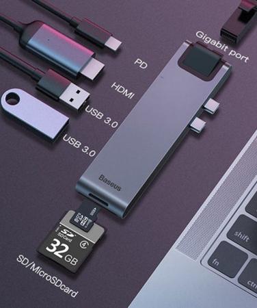 Переходник Baseus для MacBook HUB TB3 C+ (Dual Type-C to USB3.0/HDMI/Type-C/SD/Micro/LAN) (CAHUB-L0G) Deep Grey, темно-серый Переходник Baseus для MacBook HUB TB3 C+ (Dual Type-C to USB3.0/HDMI/Type-C/SD/Micro/LAN) (CAHUB-L0G) Deep Grey, темно-серый