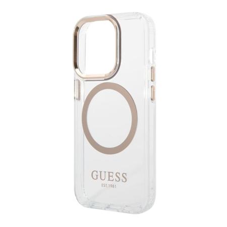 Чехол Guess для iPhone 15 Pro с MagSafe PC/TPU Metal outline Hard (GUHMP15LHTRMD) Transparent/Gold Прозрачный Чехол Guess для iPhone 15 Pro с MagSafe PC/TPU Metal outline Hard (GUHMP15LHTRMD) Transparent/Gold Прозрачный